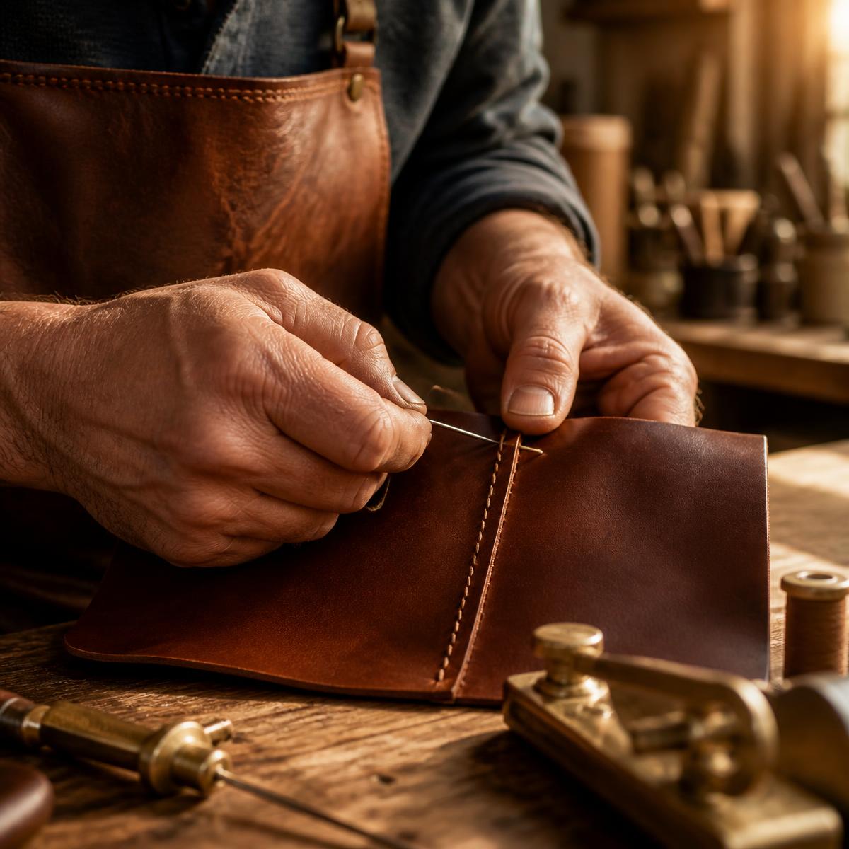 Handwerk beim Nähen eines Lederstücks